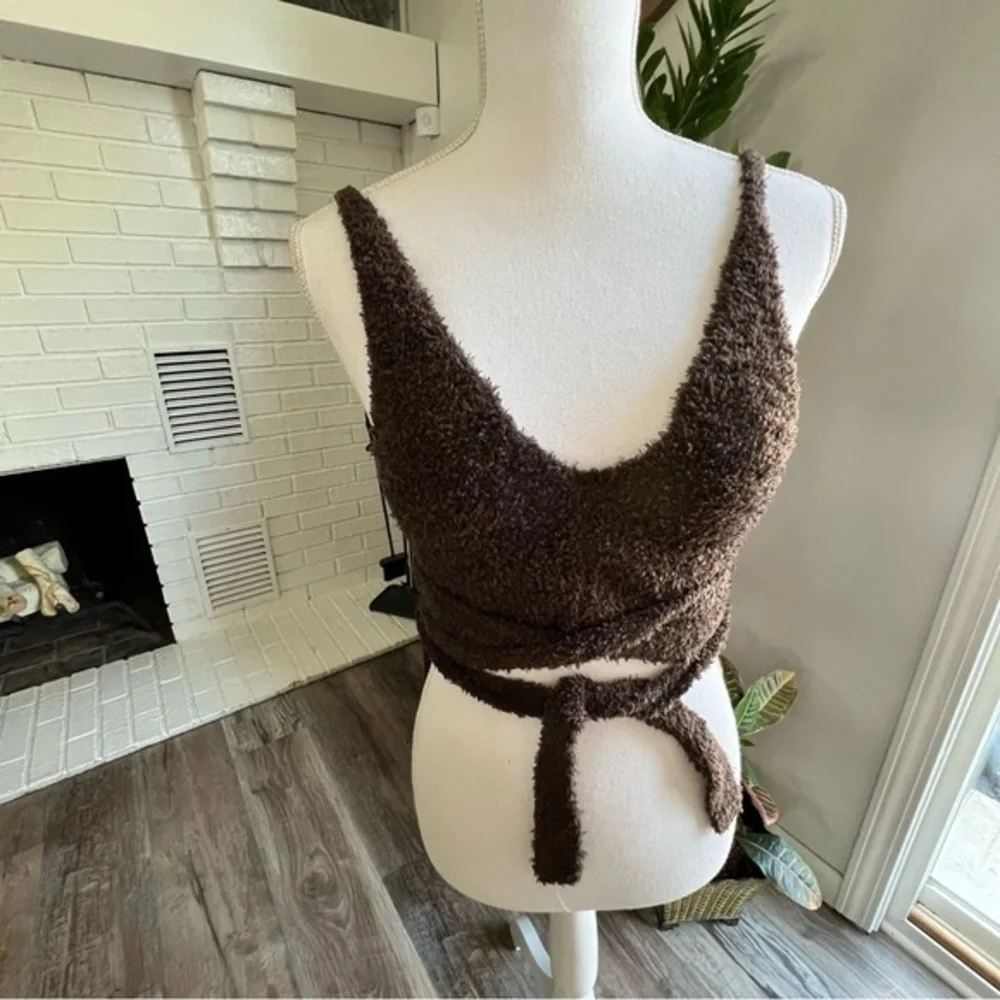 Out From Under  NWT Sz Small Brown Fuzzy Knit Wrap Tie Crop Top Deep V Neck